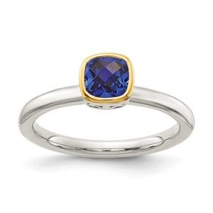 925 Sterling Silver 14k Gold Accent Cushion-cut Created Blue Sapphire Ring, 6